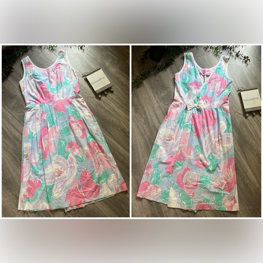 Lanz Originals Vintage Made in the USA Floral Sleeveless Wrap Dress with bow. 8